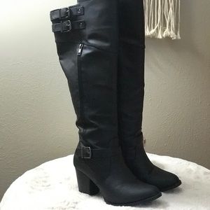 Black Knee High Wide Calf Heeled Boots